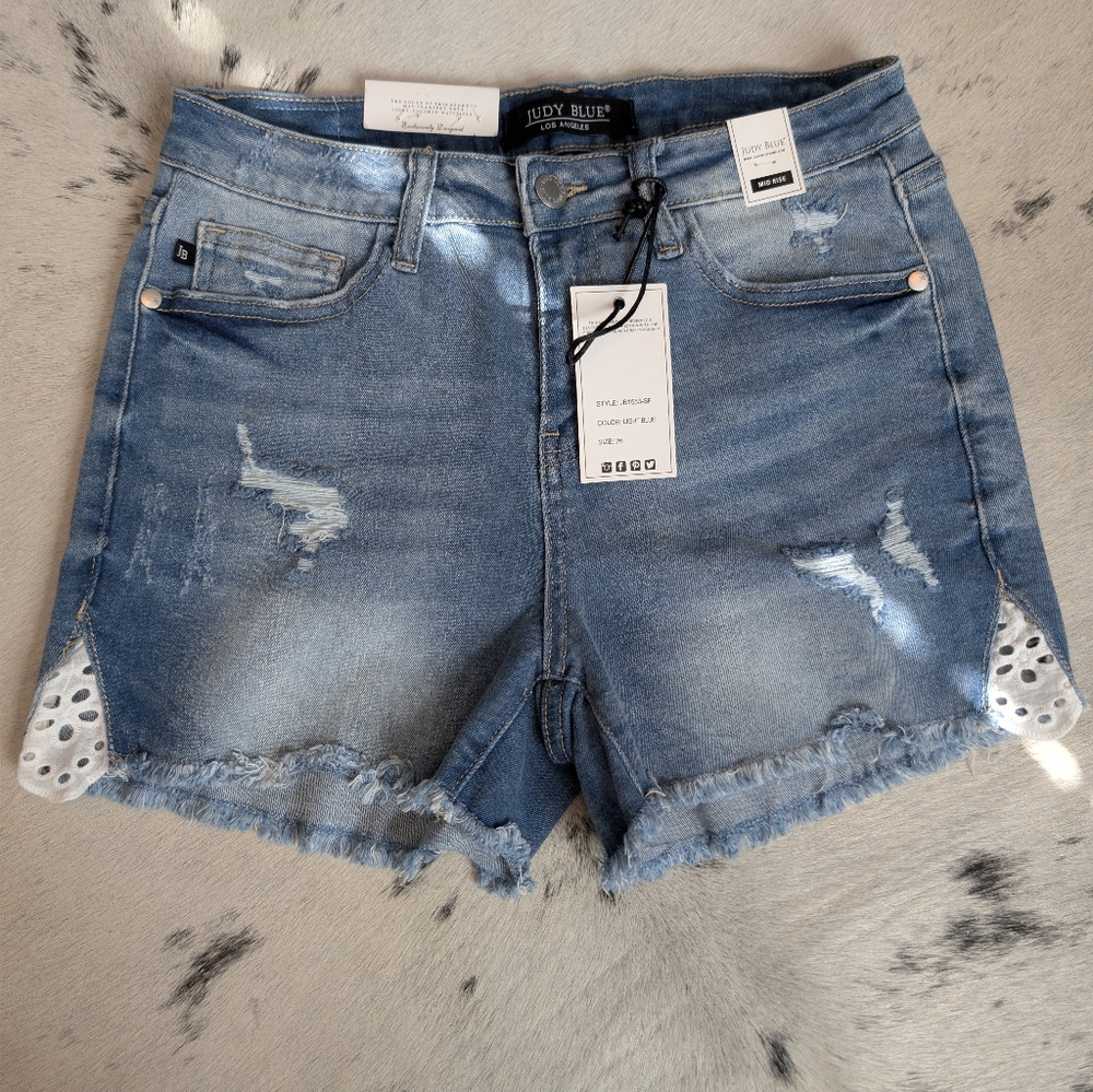 Judy Blue Medium Blue Distressed Frayed Hem Denim Shorts